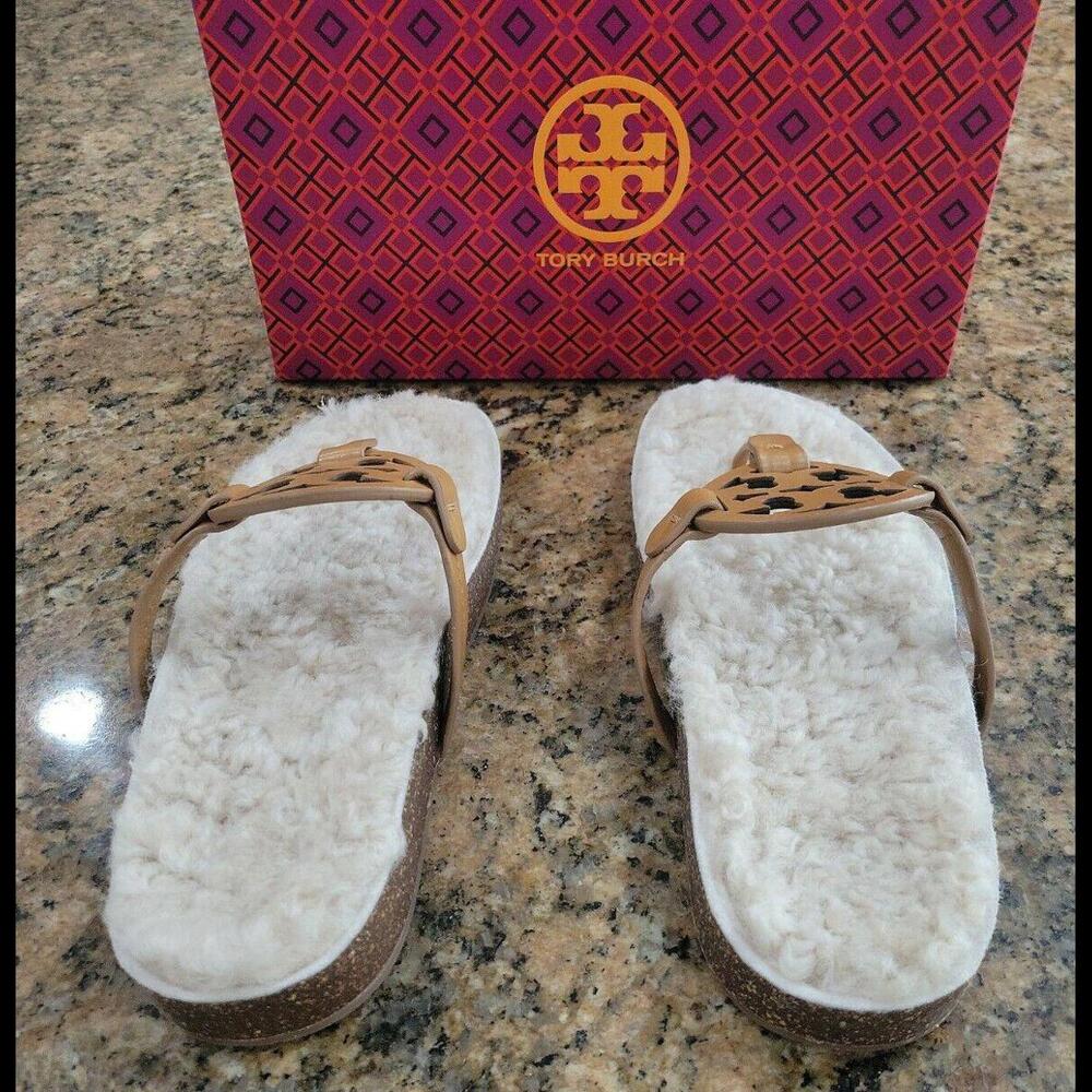 Tory Burch Miller Cloud Shearling Leather Sandal Thongs Shoe Carmel 10 New $268 - Picture 4 of 9